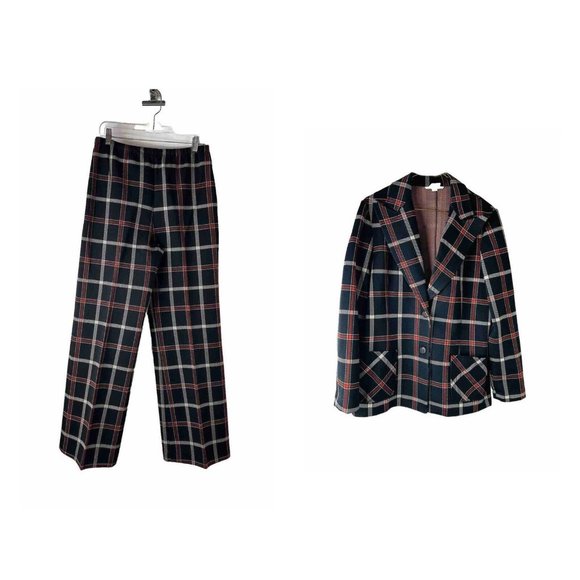 VTG 70s Plaid Knit Blazer Jacket Wide Leg Pants Set Suit USA Hippy